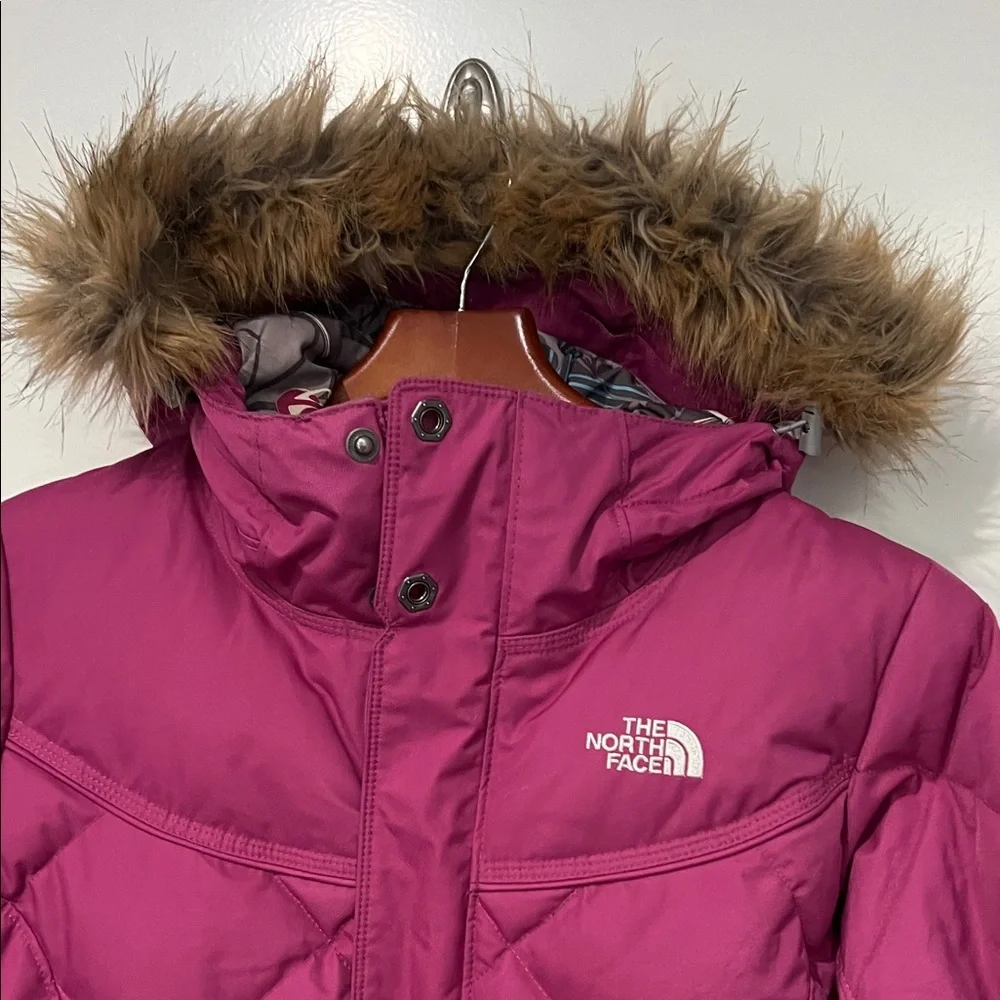 The North Face Magenta Quilted Jacket with Faux Fur Hood Sz S